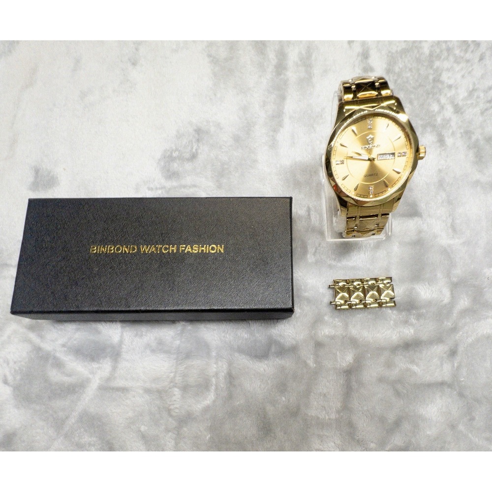BINBOND Gold Luxury Men's 45mm Watch Date Quartz Wrist Watch